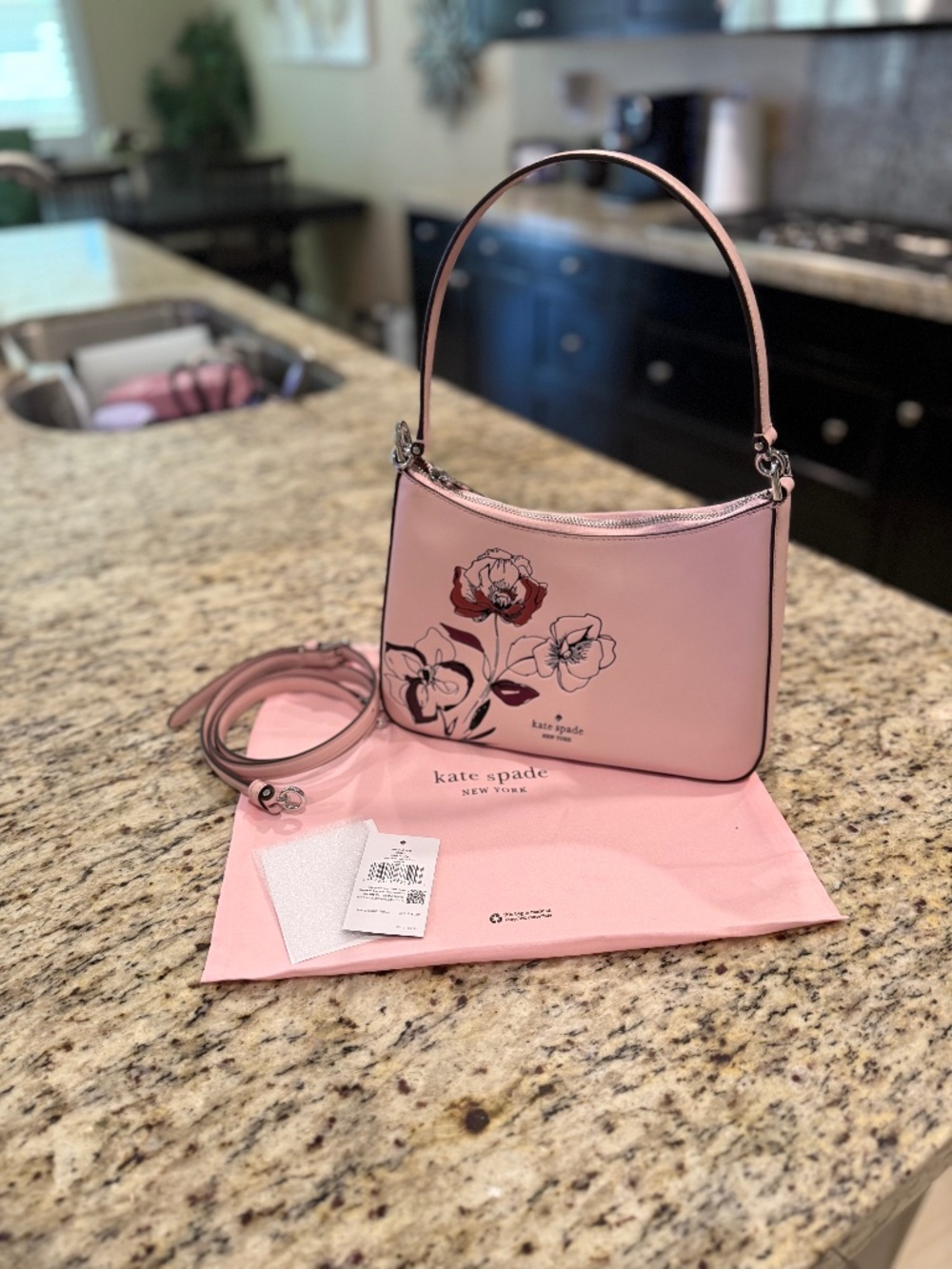 New Kate Spade Pink Medium Shoulder Hand Bag, Floral Design Purse, Dust Cover